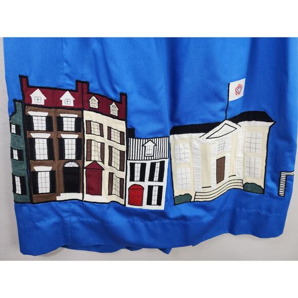 Whimsical Blue Skirt with Appliqué Cityscape Hem, Gathered Waist, Artistic Urban - Picture 3 of 7